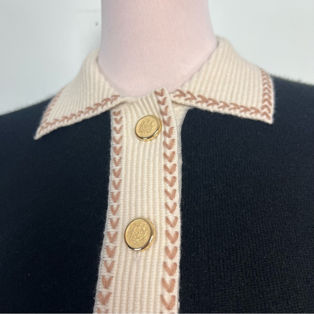 C By Bloomingdale’s 100% 2-Ply Cashmere Black & Cream Gold Button Cardigan XS - Picture 4 of 11
